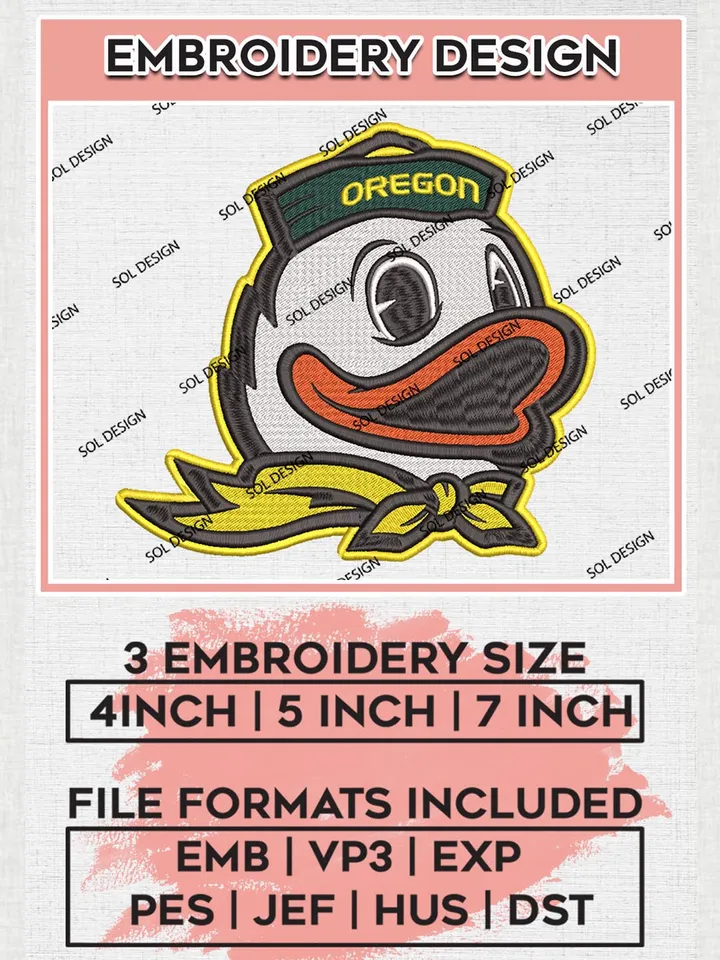 NCAA Oregon Ducks Head Mascot Logo Machine Embroidery Design, NCAA Oregon Ducks Embroidery Design Design files, NCAA Team Embroidery Designs, NCAA Machine Embroidery Designs, Digital Download