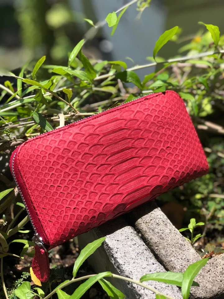 Red Genuine Python Skin Feng Shui Unisex Wallet | Red Leather Wallet Handmade | Snake Accessories | Total Red Woman Wallet Exotic Leather