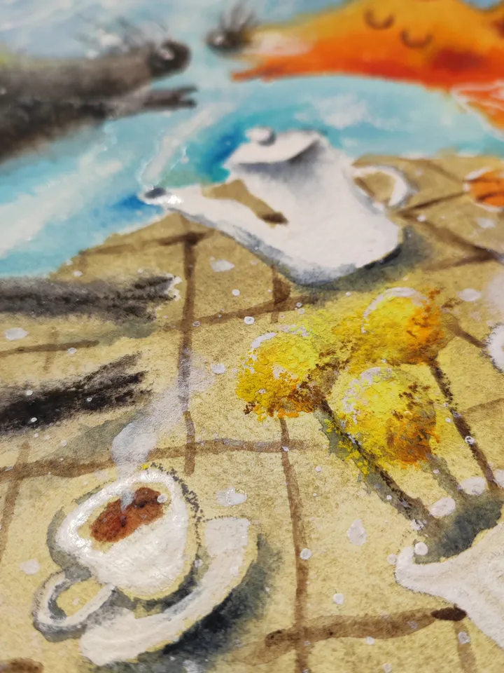 26×26 Artwork by Julia Schigal "Tea with a kiss" - watercolor, gouache