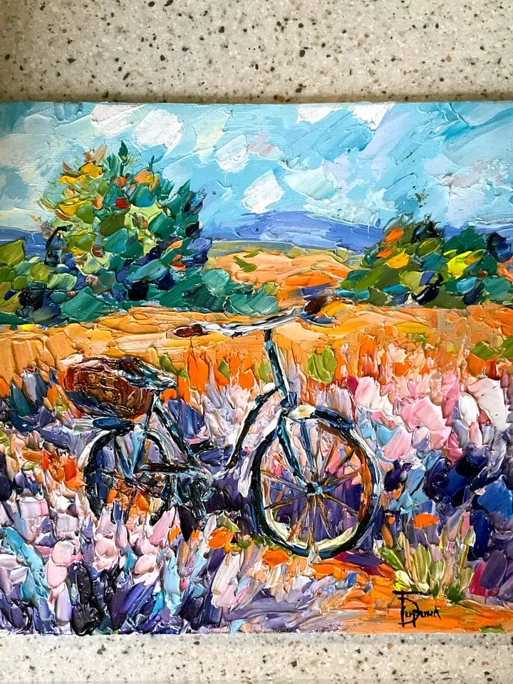 Lavender Field Bicycle - Original Canvas Painting 8x8 inches