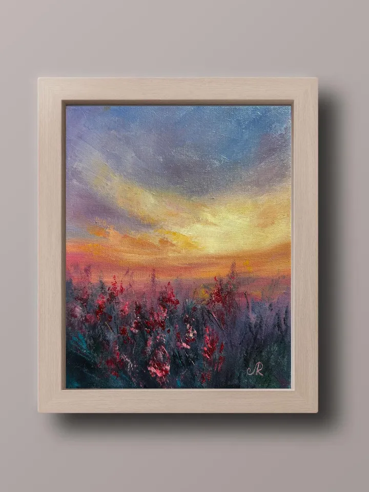 Sunset Oil Painting Rustic Wall Art Field Original Painting