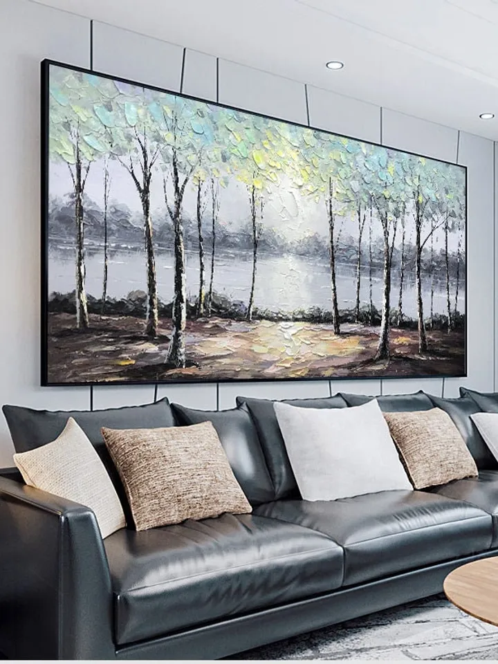 Large original oil painting on canvas,abstract art,riverside scenery,lake, trees,landscape,forest,nature,living room painting,large wall art