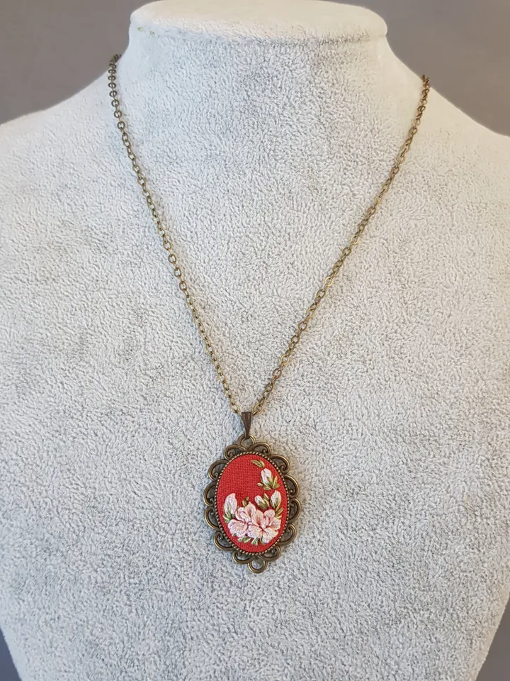 Ribbon embroidered pendant for her, handmade jewelry, art 44