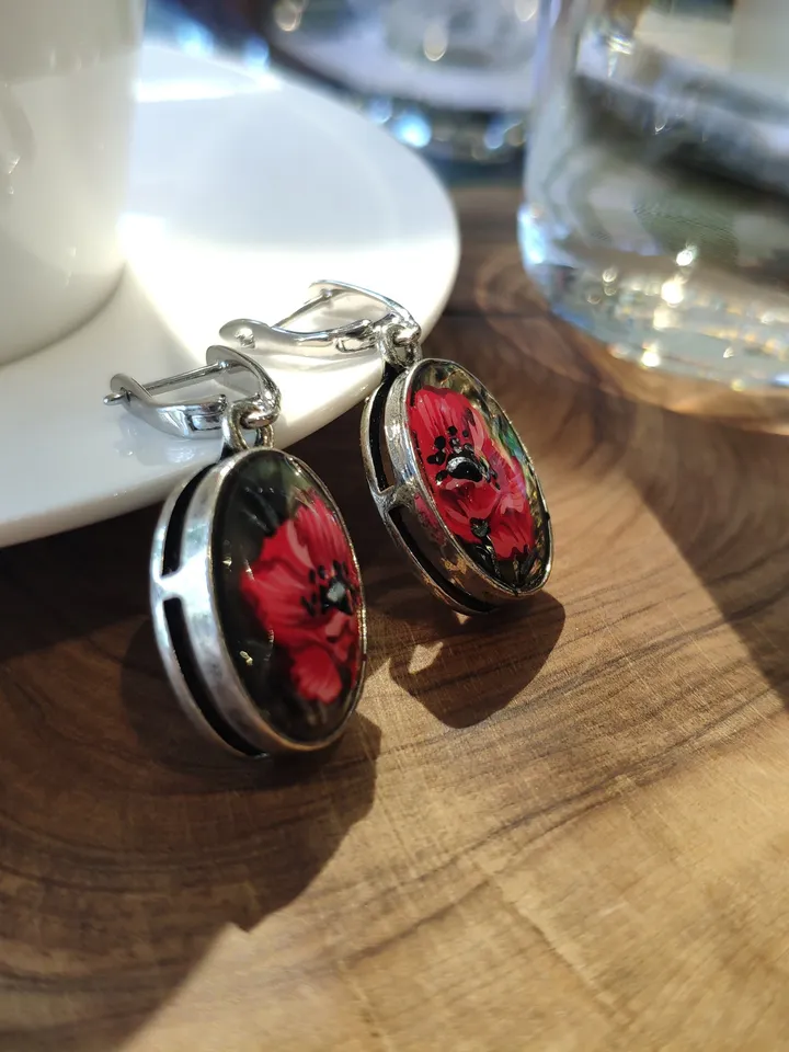 Pearl earrings: Tiny Elegant Red Pearl Earrings with hand painted Poppies • Aesthetic Handmade jewelry art earrings • Dainty gift for her