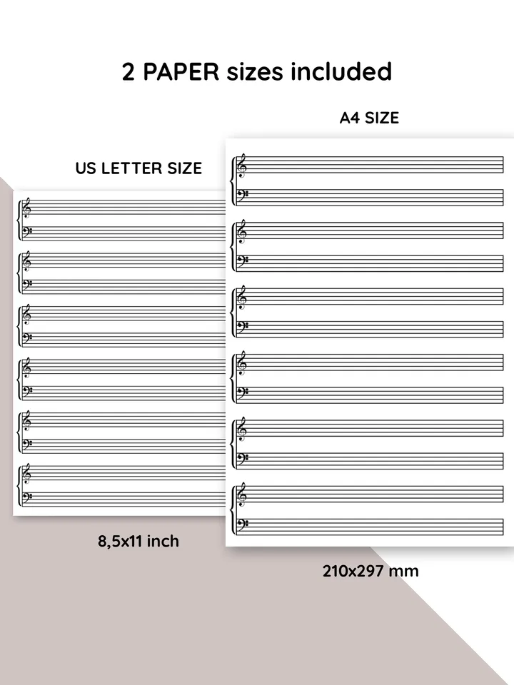 Set of blank music scores for musicians, teachers, and composers. Printable blank music stave. Blank piano sheet music.