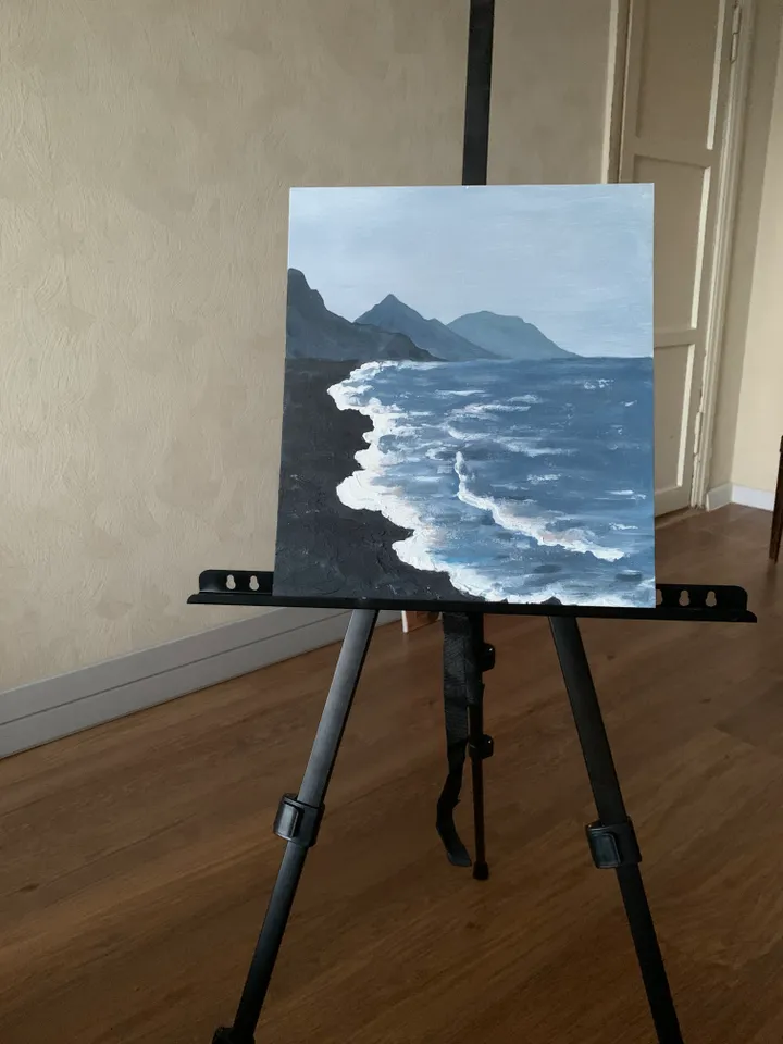 Monochrome landscape sea rocks texture acrylic painting minimalistic style