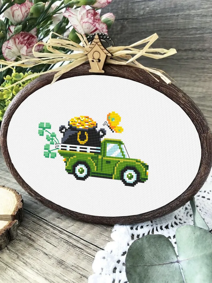 St Patricks truck cross stitch pattern PDF download Happy St Patrick's Day cross stitch chart for beginner, Pot of gold cross stitch #T30