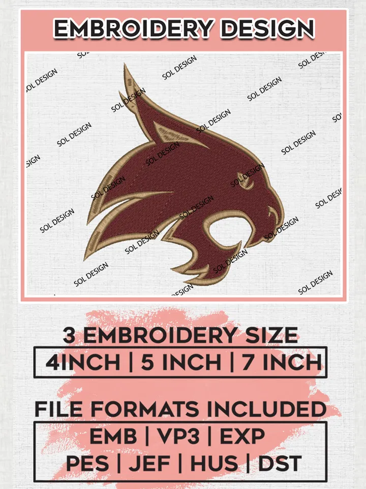 Texas State Bobcats Logo Machine Embroidery Design, NCAA Texas State Bobcats Embroidery Design Design files, NCAA Embroidery Designs, NCAA Machine Embroidery Designs, Digital Download