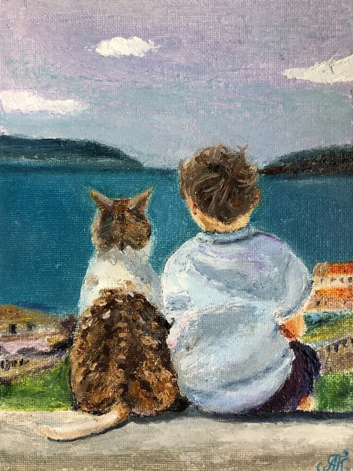 Baby and cat original oil modern painting wall art 6x8 inches