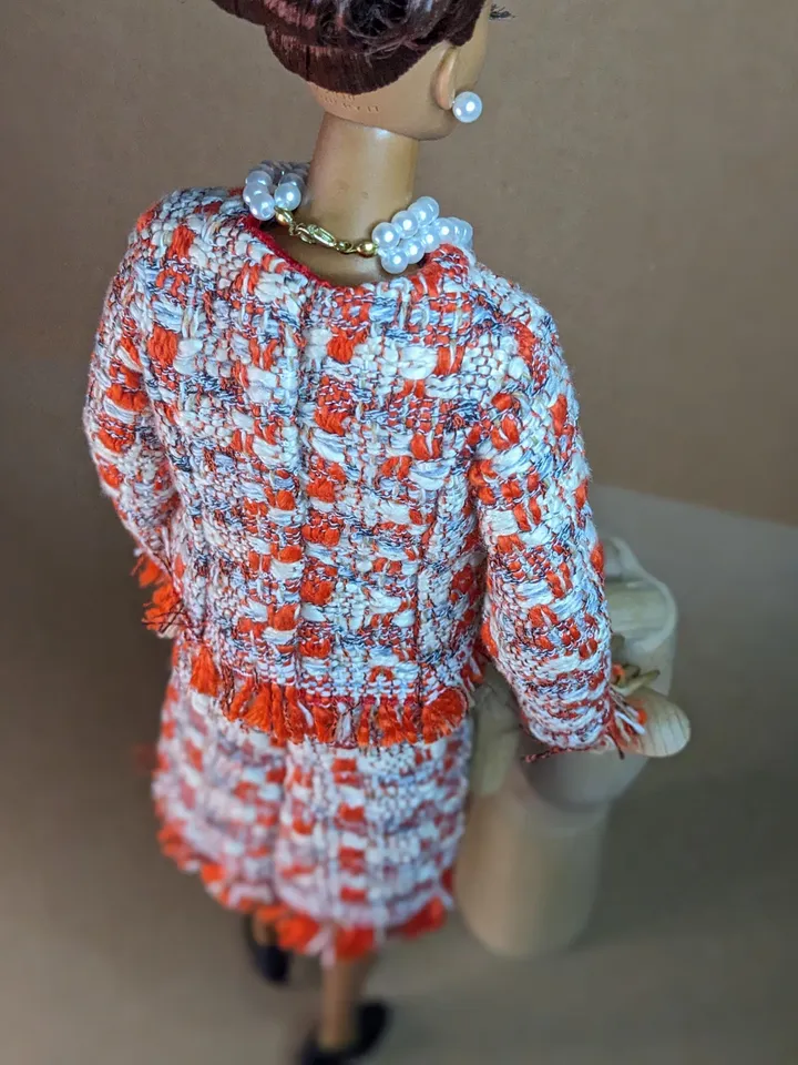 Handmade red & white bouclé suit with pearl clasps for 16-inch Fashion Royalty dolls (FR16)