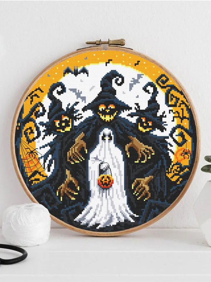 Scary Halloween cross stitch pattern PDF download Spooky ghost cross stitch chart Happy Halloween night, Halloween witch embroidery PDF #H61