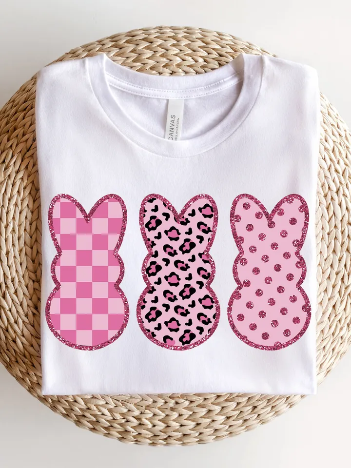Bougie Bunnies PNG Easter Bunny PNG Easter Shirt Design Preppy PNG Leopard Print Pink Easter Png, Trendy Peeps design, Chekred Glitter