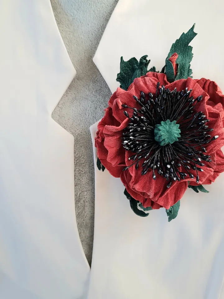 Red poppy leather brooch 3rd anniversary gift for wife, Leather women's jewelry