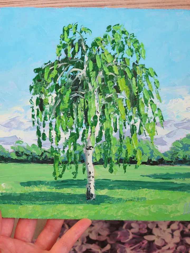 Original Oil Painting Birch Tree Created with Palette Knife Technique Artwork