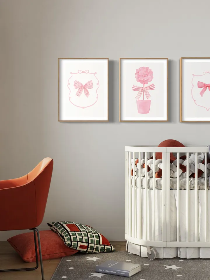 Pink Bow Set Of 3 Watercolor Painting, Nursery Room, Pink Watercolor Bow, Baby Girl Gift, Pink Bow Wall Art,Girly Wall Art,Coquette Pink Bow