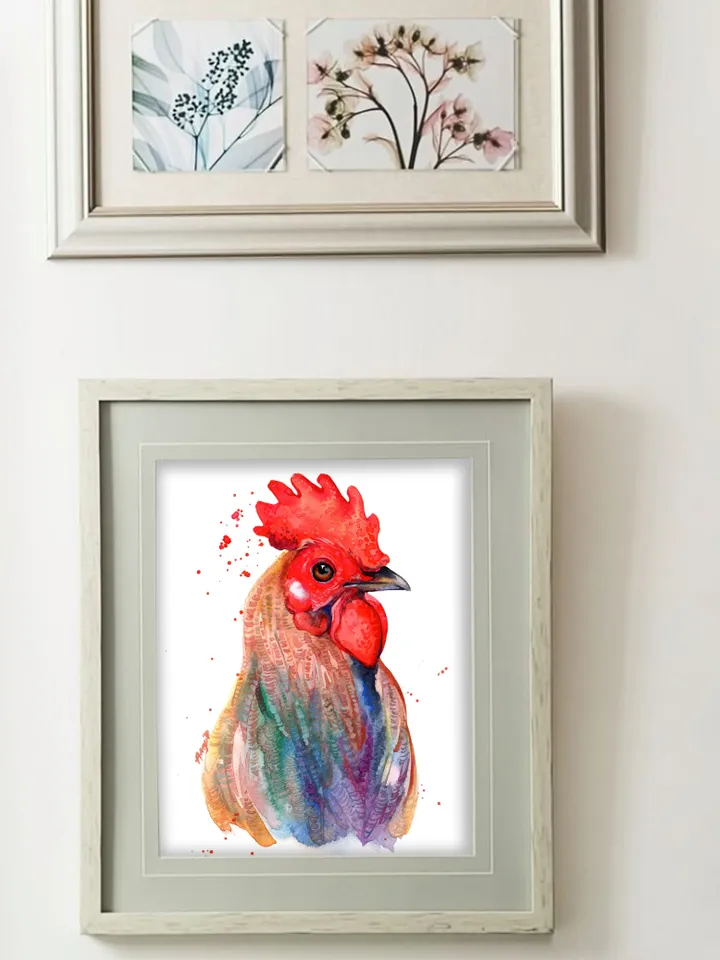 Rooster Original watercolor, farm bird painting, bird lover gift, wall decor, 8x11 in handmade birds art by Anne Gorywine