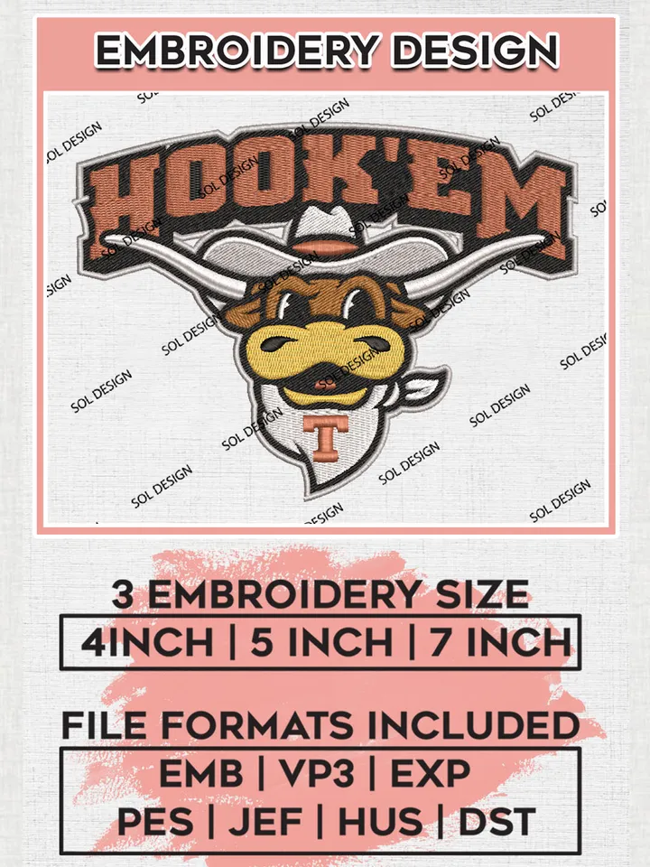 NCAA Hook Em Team Mascot Logo Embroidery Design Files, NCAA Texas Longhorns Machine Embroidery, NCAA Teams, 3 sizes, NCAA Machine embroidery designs, Digital Download