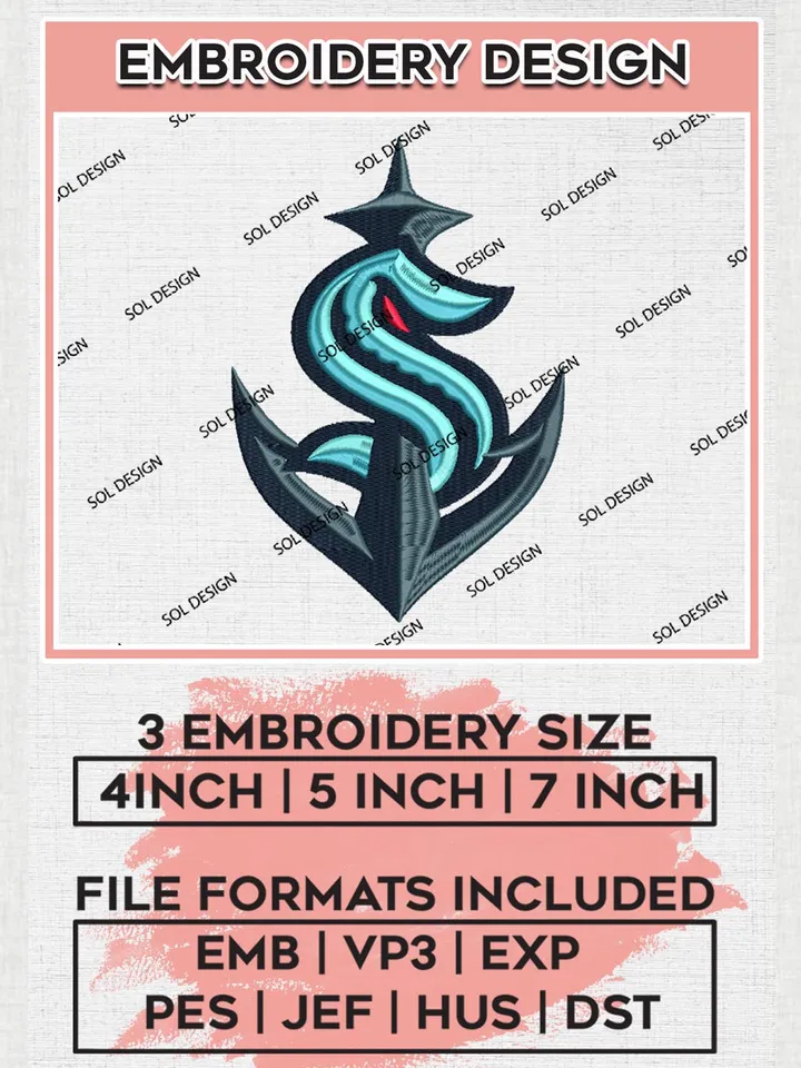 NHL Kraken Embroidery Designs, NHL Seattle Kraken Team Logo Embroidery, NHL Embroidery Designs, NHL Machine Embroidery Designs, Digital Download
