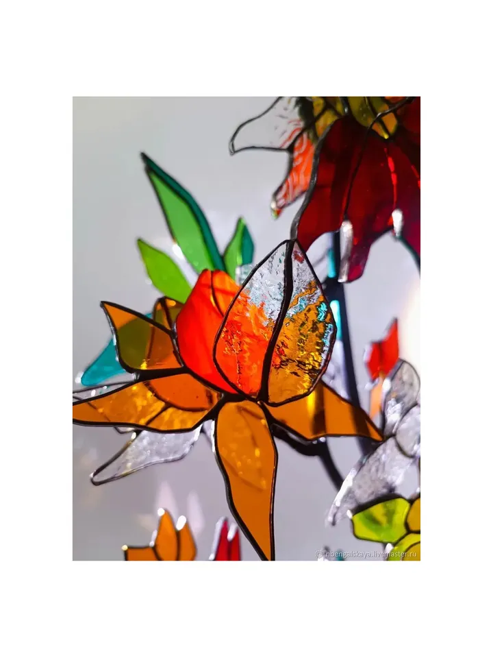 Vertical Flower Branch 3D, 3D Stained Glass Flower Branch, Vertical 3D Floral Stained Glass Branch, 3D Floral Branch in Stained Glass, Vertical Stained Glass Flower Composition in 3D, 3D Stained Glass Blossom Branch, Vertical 3D Flower Design