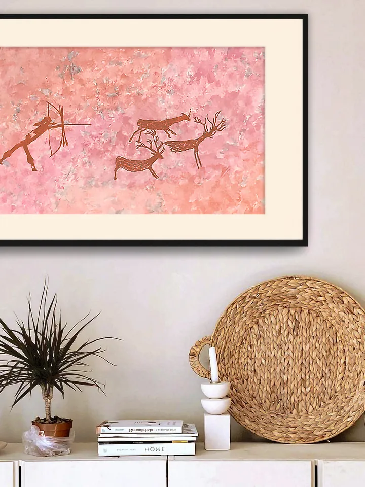 Deer hunting wall art | Original Pastel and Watercolor Artwork Ancient Cave Painting Style | Lone Hunter Prehistoric art | Handmade Artwork | Archer stylization of rock art | Drawings of a prehistoric man