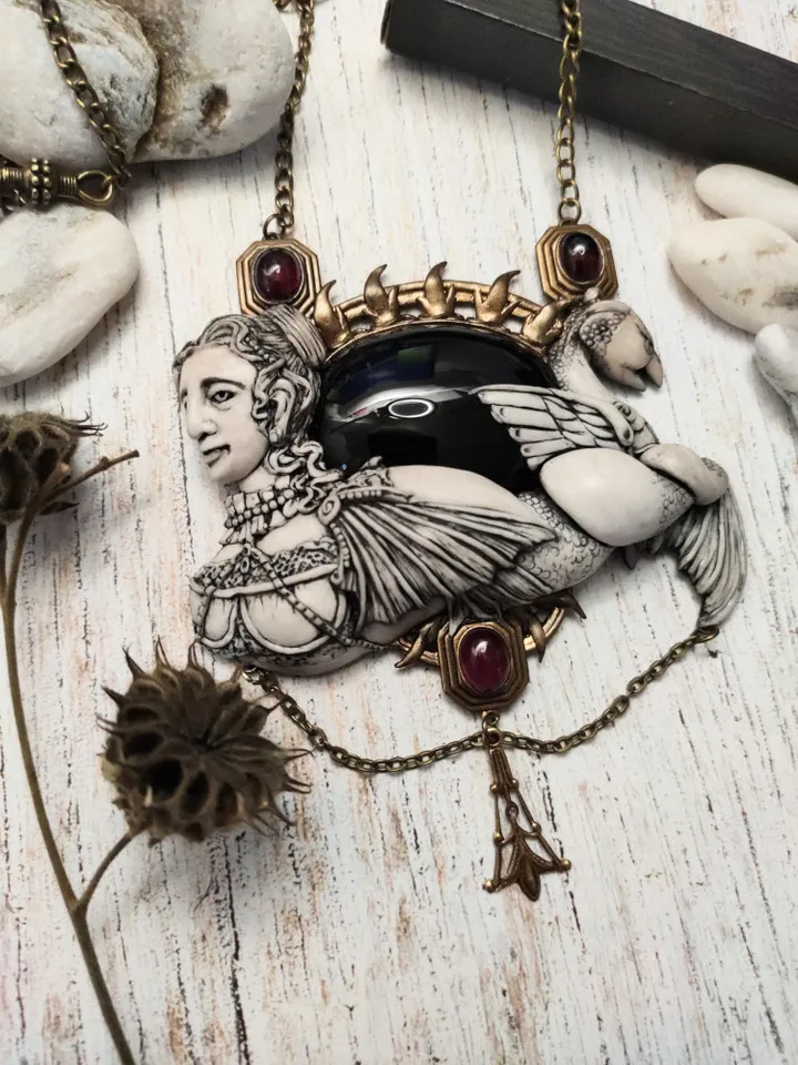 Mermaid Figure Cameo Necklace, Mermaid Pendant