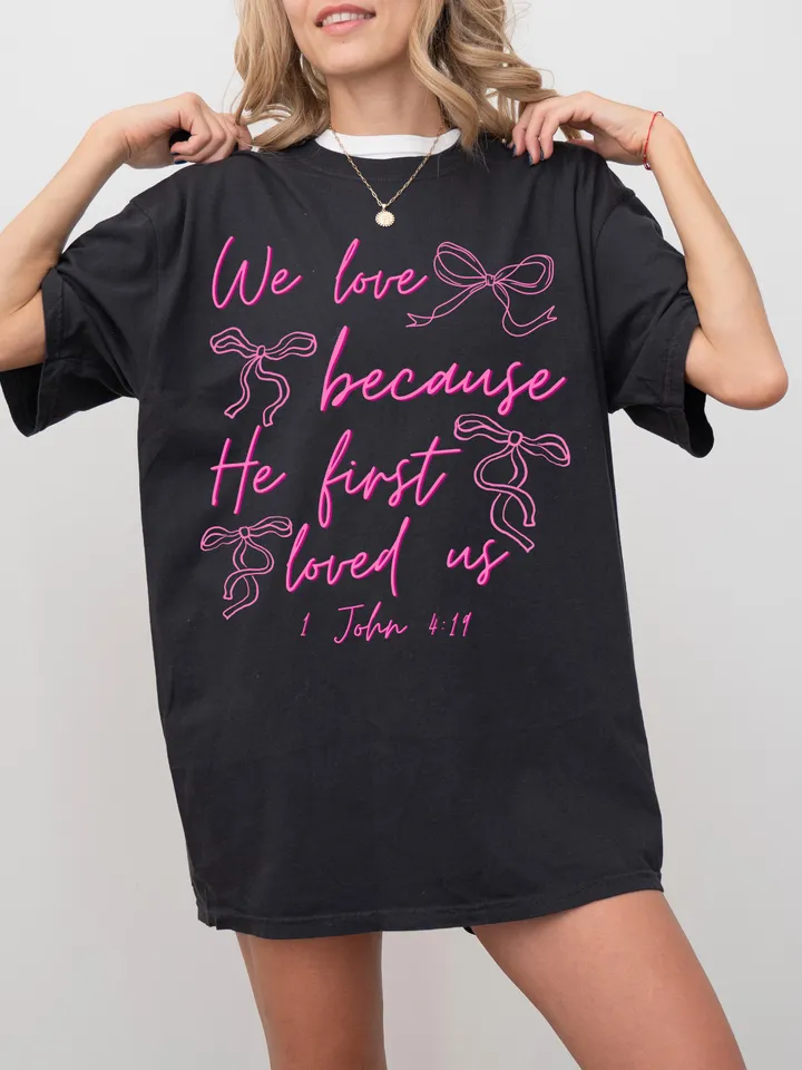 Coquette Jesus Valentine Cross Bow PNG, Christian Valentine png, He loved us first png, Jesus loves you, Pink Valentine, Jesus Valentine bow