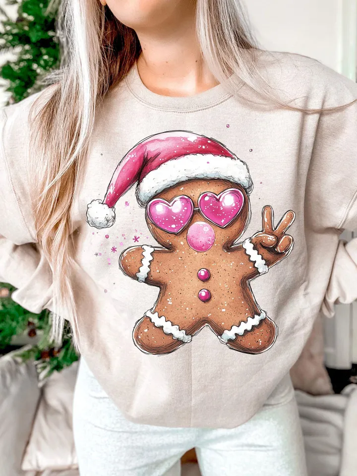 Retro Gingerbread Pink Christmas blowing bubble png Christmas Sublimation Digital Design Download,Vintage Christmas Png Santa Sunglasses