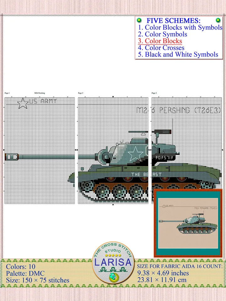 Pershing M26 Cross Stitch Pattern | American Pershing Tank