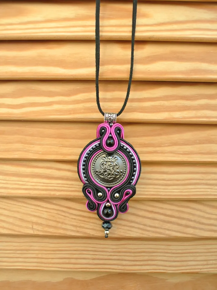 Black and pink boho necklace, Soutache pendant, Embroidered necklace, Ethnic necklace, Mandala