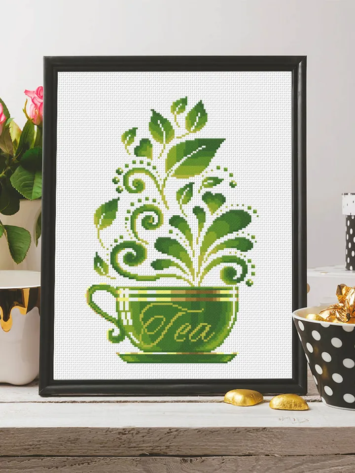 Tea cup cross stitch pattern download PDF, Awesome kitchen cross stitch chart, Funny embroidery beginner, Green tea cross stitch PDF #F7