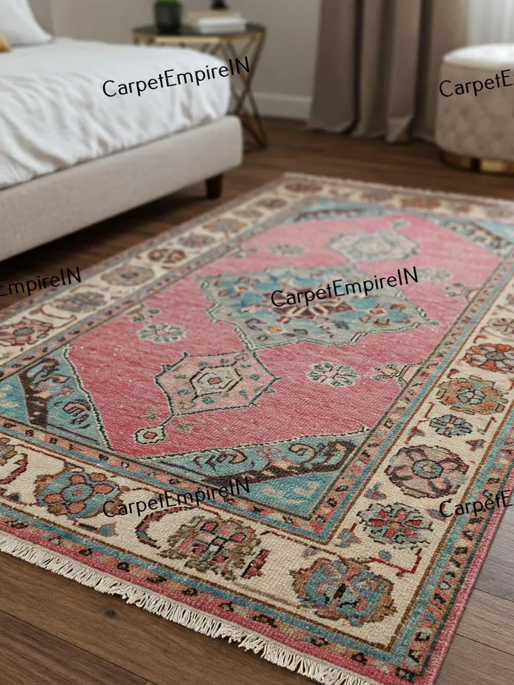 Antique Pink and Blue Oushak Hand Knotted Rug 4x6,5x8 6x9,8x10,9x12,10x14 ft Handmade Rugs for Living Room - Exquisite Contemporary rug.
