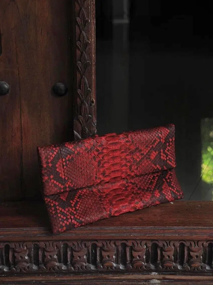 Genuine Python Skin Envelope Red Clutch | Exotic Leather Bags | Small Classy Handmade Clutch | Flat women Elegant Evening Clutch| Snake Bag