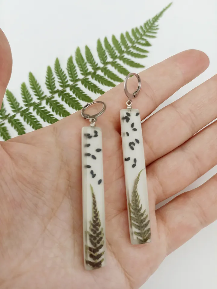Dangle Earrings with Fern in Epoxy Resin Forest Jewelry Gift for her