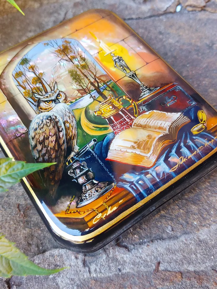Beautiful Russian Lacquer Box "Learned Owl" Fedoskino Jewelry Box Hand Painted Miniature Painting Papier-mache Pearl Owl Box