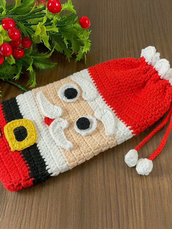 Crochet Santa Bag, Multi-Purpose Crochet Pouch, Perfect DIY Holiday Bottle Cover Gift, Fun Festive Accessory
