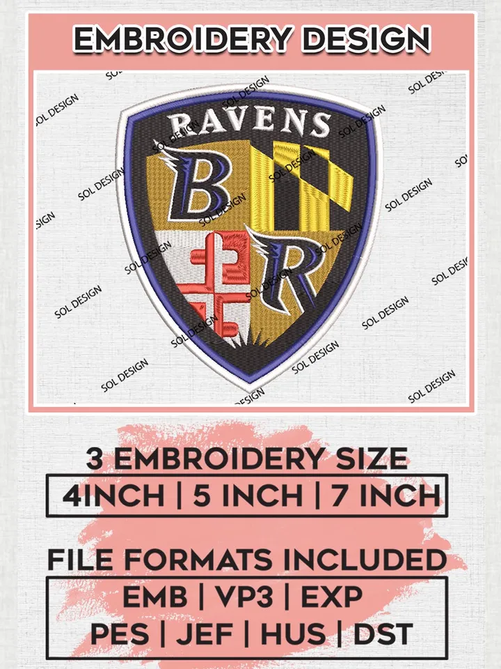 NFL Baltimore Ravens Logo Embroidery Design Files, NFL Ravens, NFL Embroidery Designs, NFL Baltimore Ravens Machine Embroidery Design, Digital Download