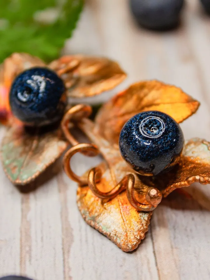 Blueberry brooch Small leaf brooch Murano glass blueberry Copper brooch Anniversary gift idea Forest brooch Elven jewelry