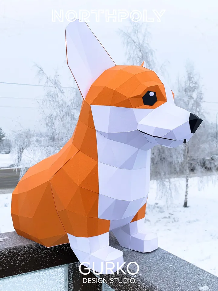 Papercraft Corgi Puppy, Dog, Digital Template, PDF Download, Gurko, Low Poly, Pepakura, Origami Sculpture, Paper Party Decoration, DIY Gift