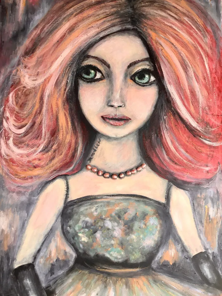 Madlen doll original oil and acrylic mix media painting on stretched canvas.decorated with natural rose river pearls,abstract background.