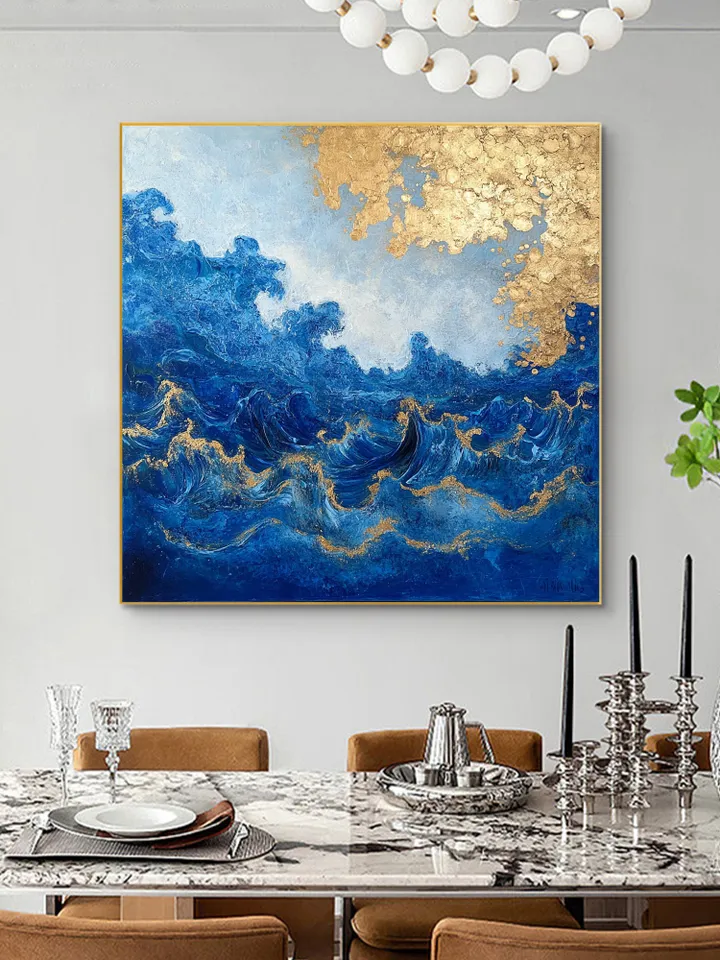 Abstract Gold leaf Oil Painting on Canvas, Original Blue Painting, Large Wall Art, Custom Painting, Living room Office Wall Art, Home Deocr