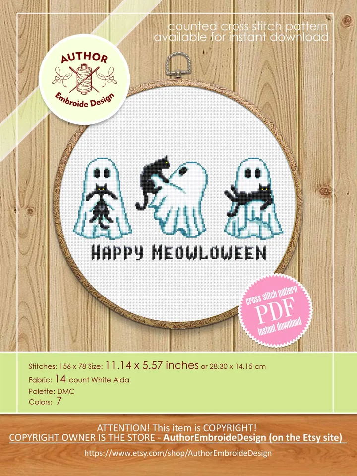 Ghost with black cat cross stitch pattern PDF download Happy Meowloween, Cute ghost cross stitch chart, Halloween pattern digital PDF #H90