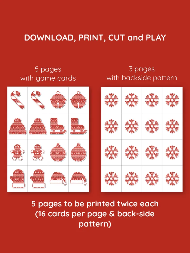 Concentration game. Matching pairs game. Memory card game. Holiday family game. Printable memory cards.Stocking stuffers