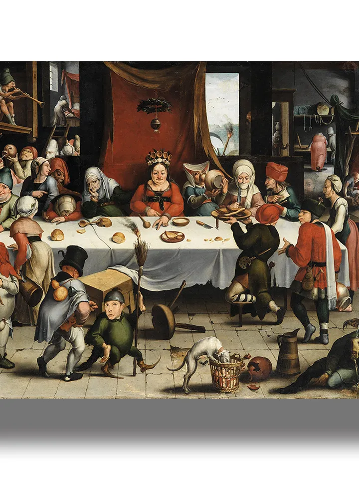 Burlesque feast. Grotesque illustration with dwarfs and other mythological creatures.