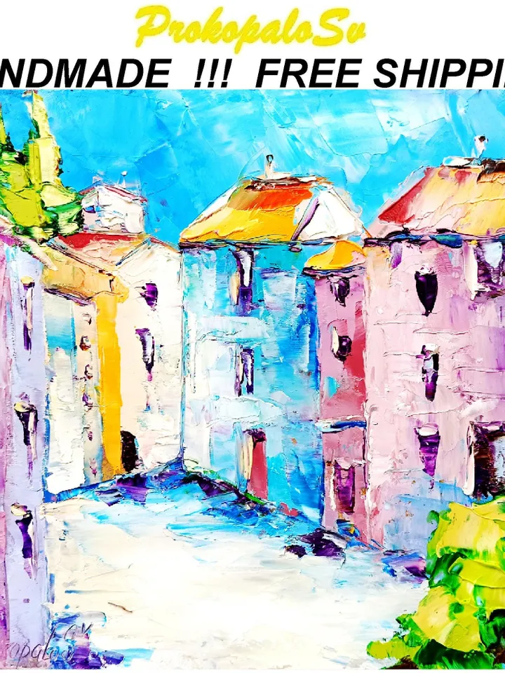 Italian Houses Oil Painting Cinque Terre Cityscape Original Art Italy Wall Art Decor Travel Gifts 8 x 8 by ArtProkopaloSv