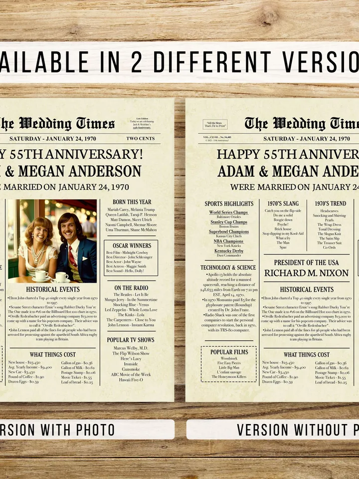 55th Wedding Anniversary Gift for Parents, 1970 Anniversary Newspaper Poster, 55th Anniversary Gifts, Printable Digital Download