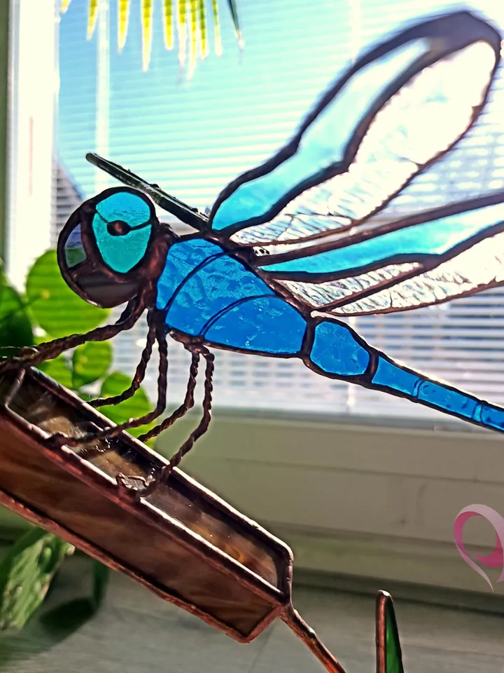 3D Stained Glass Dragonfly Mounted on Cattail Tabletop Sculpture Unique Luxury Gift Realistic Glassworks Antique Feel Contemporary Folk Art