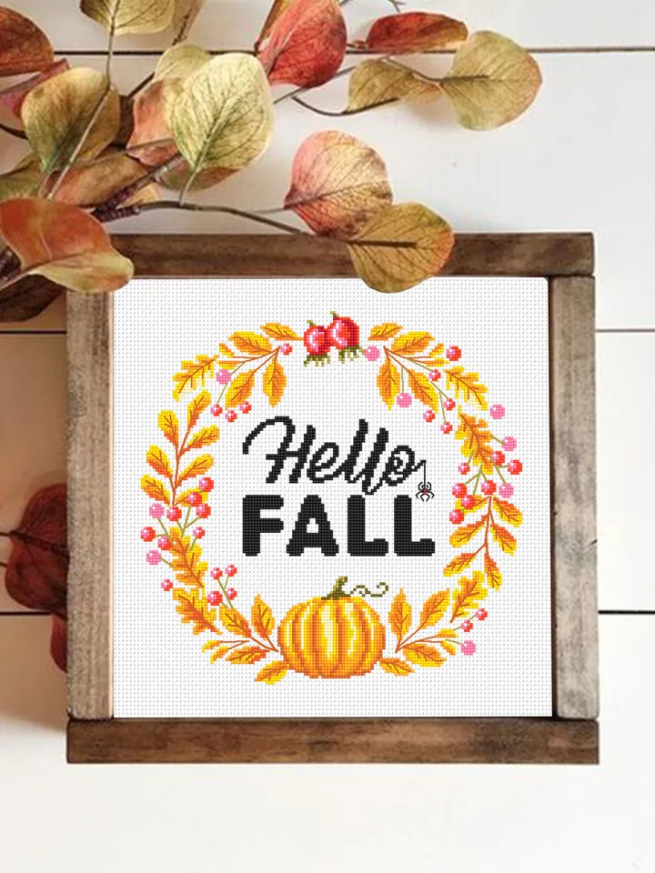 Fall wreath cross stitch pattern PDF instant download Halloween pumpkin cross stitch chart, Autumn wreath pattern, Thanksgiving wreath #Q57
