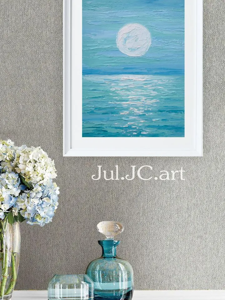 Moonlit night original art Seascape oil painting Blue Turquiose ocean wall art