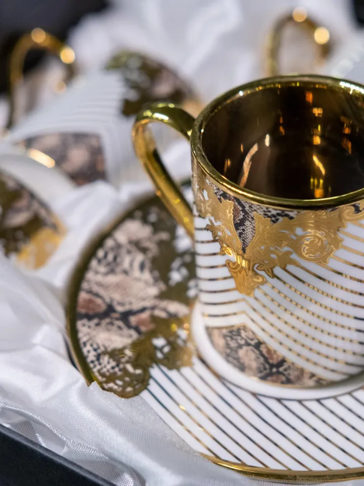 White and Gold Tea Cups and Saucers Set | Elegant White Porcelain Tea Cup Set with Golden Detailing | Elite Design Perfect Gift Idea