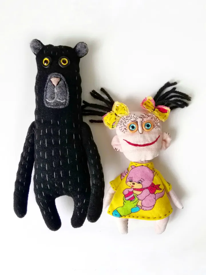 Artistic Handmade Dolls: Girl and Bear, Spooky Funny Fabric Interior Toys: One-of-a-Kind Unique Dolls, Weird and Ugly. FREE SHIPPING!